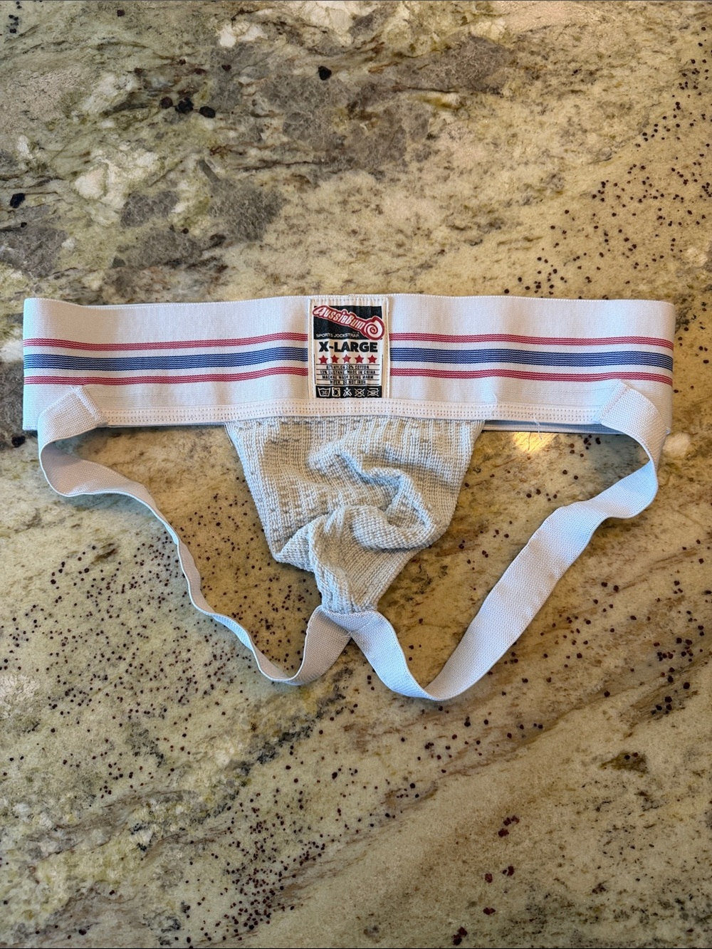 Classic White Jockstrap Brief with Red & Blue Stripe Waistband